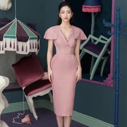 越南小众设计师粉色气质，修身显瘦包臀优雅一步裙，名媛小香风连衣裙