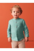  NEXT儿童衬衣 2024春秋季男童绿色立领亚麻长袖衬衫 3月-7岁