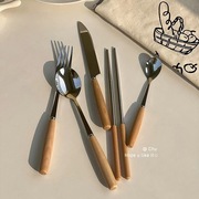 餐具日式榉木筷子家用木勺筷子礼盒，西餐木质叉勺便携餐具一套