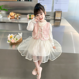 女童春季连衣裙2024儿童中国风马甲裙子套装新中式公主裙纱裙