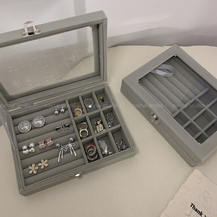 灰色丝绒收纳盒~戒指耳环项链珠宝透明防尘首饰盒防氧化饰品便携