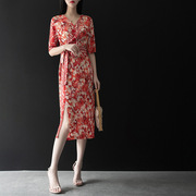 高端小众年夏季名媛风气质茶歇裙中袖高端复古轻奢优雅减龄连