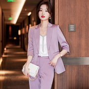 时尚紫色小西装外套女夏季七分袖醋酸缎面修身韩版ol高端西服套裤