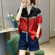 红色拼接雪纺短袖衬衫，女设计感洋气，减龄百搭小衫欧货高级夏季