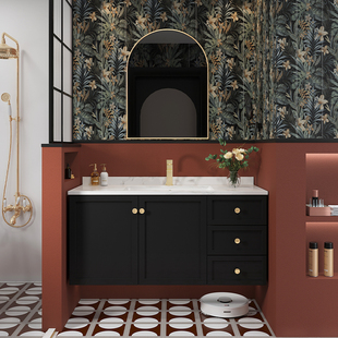 法式黑洗漱台岩板浴室柜，组合橡木洗手盆，柜复古卫生间洗脸盆柜组合