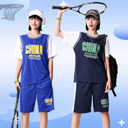 青少年篮球服套装运动球衣短袖女生假两件T恤高颜值有袖比赛班服