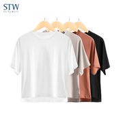 STW莫代尔棉短袖t恤女夏季设计感小众白色体恤宽松潮圆领打底上衣