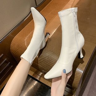 白色加绒短靴女2023春秋季时装靴子尖头细跟高跟鞋，中筒马丁靴