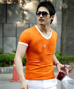 定制夏季韩版男士V领纯色短袖T恤男半袖紧身纯棉打底衫修身内衣