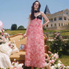 高定轻奢女装粉红色立体花朵，玫瑰吊带长裙法式礼服
