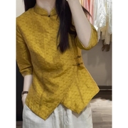 黄色新中式国风立领衬衫女夏季高端气质设计感小众不规则上衣