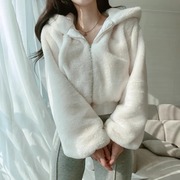韩国chic秋冬法式小个子，修身显瘦灯笼袖拉链，连帽加厚短款毛毛外套