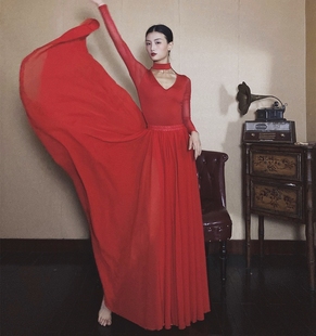 wyz盖盖中国大红色舞蹈服v领性感，气质表演服舞蹈裙网纱连体衣