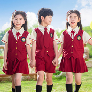 夏季中国正红马甲小西装白衬衣假两件幼儿园园服套装贵族学校校服