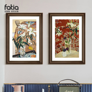 中古风装饰画百合花法式餐厅，卧室挂画边柜摆画美式复古花卉壁画