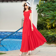 红色波西米亚沙滩裙女2024显瘦长裙仙雪纺，大摆连衣裙拖地超长