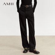 Amii2023冬休闲高腰裤棉质加绒牛仔裤长裤女黑色弹力休闲裤子