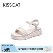 KISSCAT接吻猫2024夏季新休闲沙滩凉拖外穿羊皮运动厚底增高凉鞋