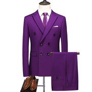 春秋潮牌男士大码西服两件套双排扣套装合唱团深紫色休闲西装裤子