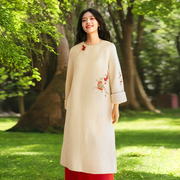 新中式羊毛混织手绣毛织连衣裙知笔墨，春季米色禅意绒感保暖长裙