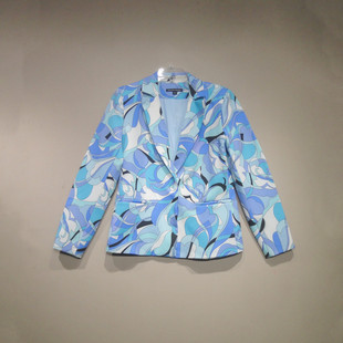 外贸原单秋季时尚创意蓝色涂鸦印花一粒扣女士长袖西装外套