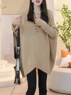 简约时尚韩版中长款毛衣，2023秋季大码宽松显瘦蝙蝠袖针织上衣