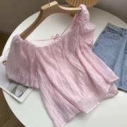 粉色小清新短袖雪纺衫，夏季一字领短款显瘦上衣