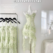 薄荷曼波法式连衣裙2024女夏季仙女，绿色套装裙子，带胸垫吊带裙