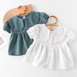 女童棉麻娃娃衫夏季洋气儿童装短袖衬衫宝宝翻领上衣时髦小衫