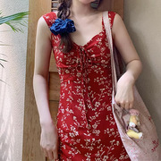 2024气质韩版时尚法式红色碎花吊带裙海边度假连衣裙显瘦百搭24春