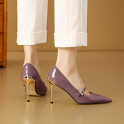 真皮紫色高跟鞋女2024春季纯色浅口水钻蝴蝶扣一字，扣高级优雅单鞋