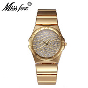 品牌潮流镶水钻表带女士石英时装手表时尚圆形金色男普通国产腕表