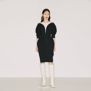 AtelierMissLu设计师品牌黑色拼接露肩收腰长袖连衣裙