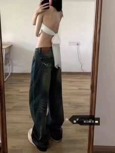 大码美式复古辣妹牛仔裤女秋季高街低腰做旧宽松阔腿拖地长裤子潮
