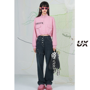UX秋季粉色字母印花空气层外套女小个子短款修身显瘦上衣