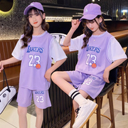 儿童篮球服套装女童女孩女生速干训练服女款假两件短袖运动球衣夏