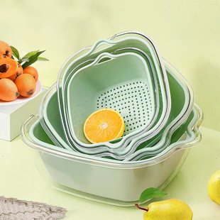 双层洗菜盆沥水篮八件套厨房客厅家用洗水果盘简约塑料菜菜篮子
