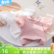 韩国童装女童泡泡袖，上衣夏季儿童洋气，打底衫波点蕾丝短袖t恤