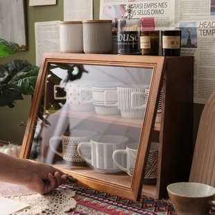 桌面咖啡杯子收纳盒马克杯茶具展示柜实木水杯化妆品复古木质带盖