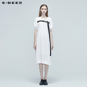 sdeer圣迪奥女装白色，飘带条纹v领通勤连衣裙s20281274