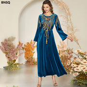 9956 时尚中东礼服腰带蓝色金丝绒收腰长裙阿拉伯长裙连衣裙