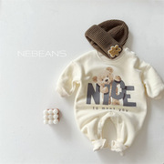 潮款0-2岁婴儿服装 中性奶油风NICE小熊米色连身衣 加绒哈衣爬服