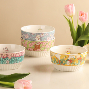 蓝莲花家用兔年碗陶瓷碗茉茉，兔子个人可爱的面碗套装专用儿童餐具
