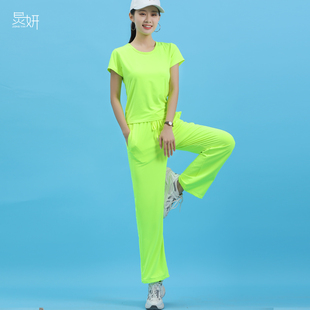 炅妍广场舞服装套装运动健身短袖演出速干荧光，绿跳舞衣服女