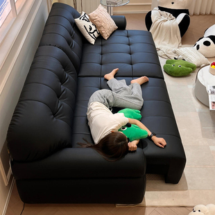品洛棉花糖生态真皮沙发黑色中古复古客厅电动沙发床两用2024