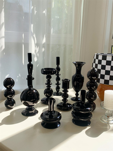 黑色玻璃烛台摆件 ins北欧风轻奢家用蜡烛台客厅桌面高级感装饰品