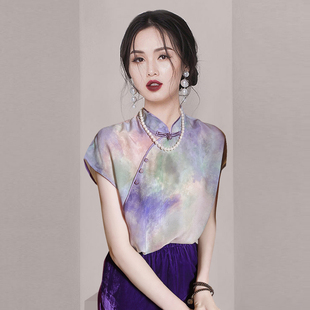 新中式渐变紫色雪纺上衣女，2024夏季小众独特别致设计感衬衫