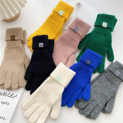 秋季纯色毛线手套女冬天保暖学生时尚针织二指露指触屏男女手套