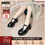 mio米奥2023秋冬简约风圆头，中跟单鞋丁字，扣带牛皮革浅口玛丽珍鞋