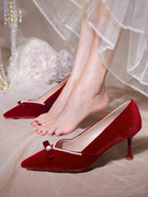 婚鞋女2024年夏季法式新娘，鞋结婚绒面红色，高跟鞋秀禾婚纱两穿